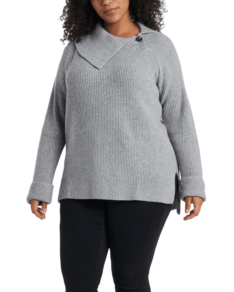 Front of a model wearing a size 1X Aria Foldover Ribbed Sweater in LT HTHR GREY by Vince Camuto. | dia_product_style_image_id:261018